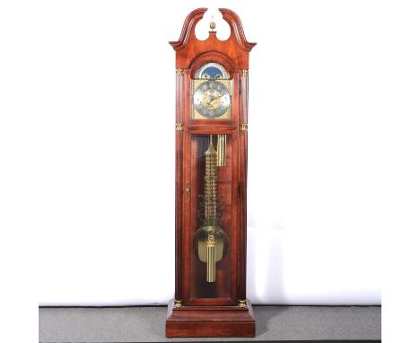 Modern American hardwood longcase clock, musical movement, striking on gongs, triple weight driven movement, broken swan neck