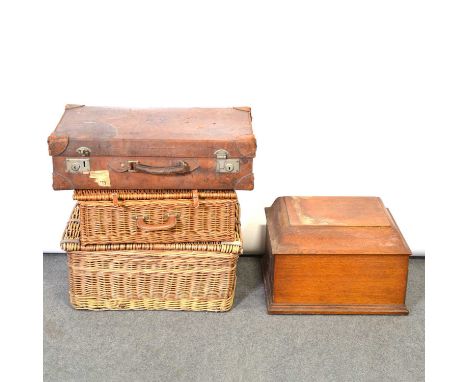 HMV oak cased table top gramophone, width 39cm; a leather suitcase, full of table linen; and two wicker picnic hampers, one w