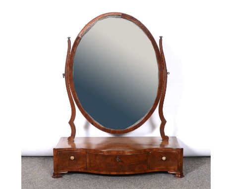 George III inlaid mahogany toilet mirror, oval plate, parquetry stringing, serpentine platform base, fitted with three drawer