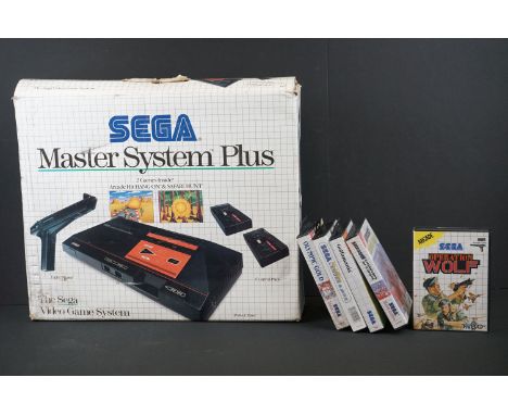 Retro Gaming - Boxed Sega Master System Plus (tatty box) with 2 x original controllers, 1 x Light Phaser &amp; 5 x cased game