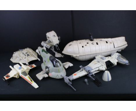 Star Wars - Six original vehicles to include Rebel Transporter, B-Wing (canopy engine cover broken off), Slave I, Rebel Armou