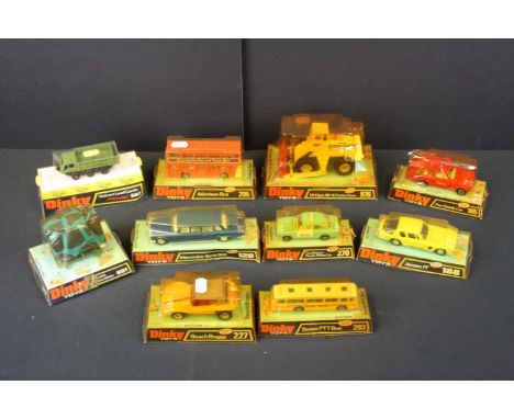 10 Boxed Dinky diecast models to include 270 Ford Escort Panda Police Car, 682 Stalwart Load Carrier, 293 Swiss PTT Bus, 601 