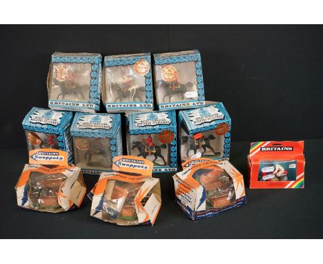 11 Boxed Britains plastic models to include 7x 699 Royal Canadian Mounted Policeman, 3x 4336 Swoppets Infantry in Action Stre