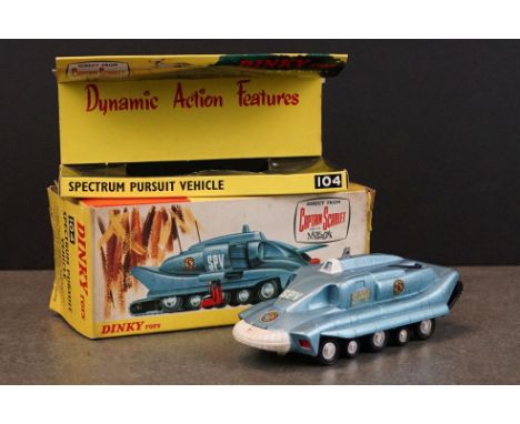 Boxed Dinky 104 Captain Scarlet Spectrum Pursuit Vehicle diecast model, diecast vg, with missile, inner display stand and out