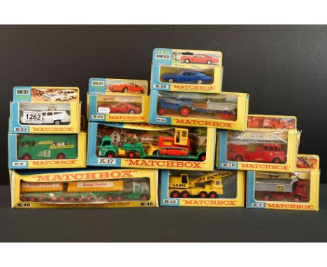 10 Boxed Matchbox King Size diecast models to include K16 Dodge Tractor with Twin Tipper Train, K5 Racing Car Transporter, K2