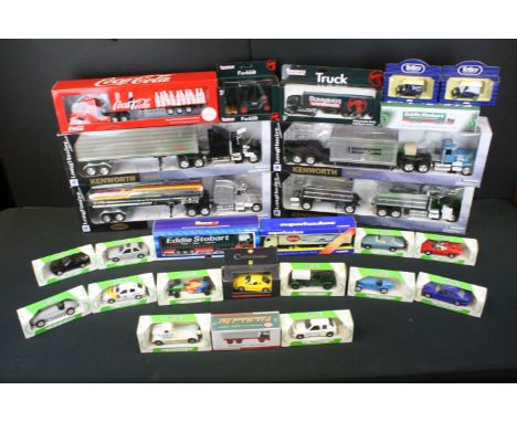 26 Boxed diecast models to include 4 NewRay LongHauler Collection trucks (3x Kenworth W900 trucks and a Peterbilt Model 379),