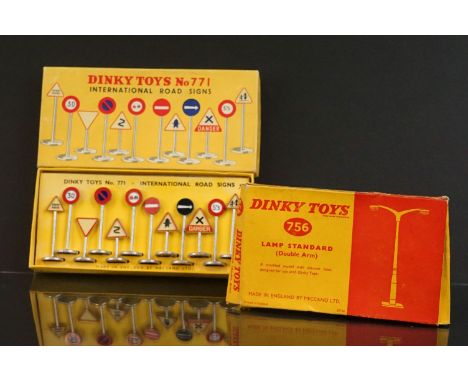 Boxed Dinky 771 International Road Signs (complete and excellent) plus a boxed Dinky 756 Lamp Standard double arm (vg) (2) 
