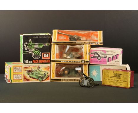 Eight boxed Britains diecast military models to include 9777 Military Land Rover, 1292 RA Gun, 9720 BAT Gun, 9724 105mm Pack 