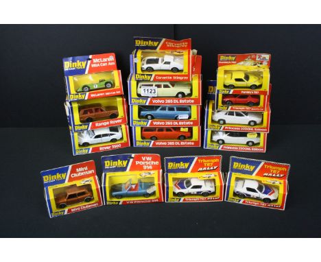 15 Boxed Dinky Toys vintage diecast model cars to include 112 Purdey's TR7, 208 VW Porsche 914, 180 Rover 3500, 2x 123 Prince