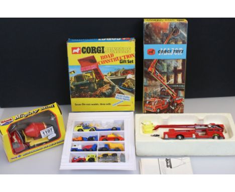 Boxed Corgi 1127 Simon Snorkel Fire Engine diecast model (paint chips, vg box), a boxed Corgi Juniors Road Construction Gift 