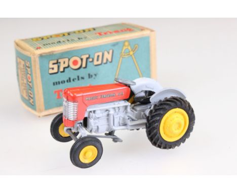 Boxed Triang Spot On 137 Massey Ferguson- 65 Tractor in red/grey with yellow hubs, box with some discolouring to white, grubb