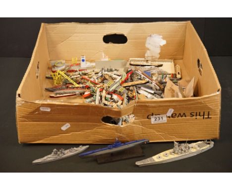 Quantity of miniature metal, wooden and plastic model ships, both painted and unpainted, various warships plus a few planes, 