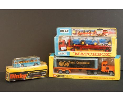 Three boxed diecast models to include Corgi Major 1100 Mack Truck with Trans-Continental Trailer, Dinky 296 Duple Viceroy 37 