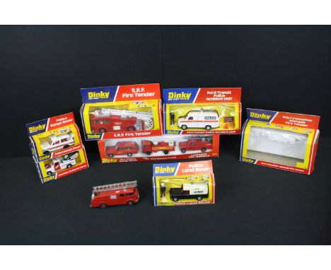 Six boxed Dinky emergency vehicle diecast models and sets to include 304 Fire Rescue, 266 ERF Fire Tender, 269 Ford Transit P