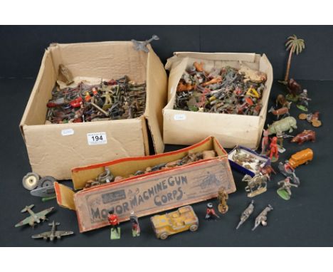 Collection of mid 20th C metal figures to include boxed Britains 199 Motor Machine Gun Corps (containing 6 x figures with veh