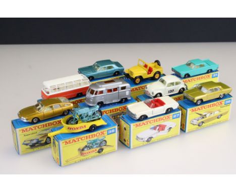 10 Boxed Matchbox Series diecast models to include 15 Volkswagen in white, 72 Standard Jeep in yellow, 56 BMC 1800 Pininfarin