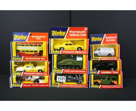 Nine Boxed Dinky Toys vintage diecast model cars and other vehicles to include 222 Hesketh 308 E Racing Car, 604 Land Rover B