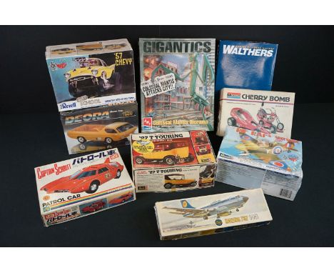 Nine boxed plastic model kits to include 3 x Revell (Sealed Rif RAF &amp; his Spitfire, sealed 57 Chevy, Lil' Johns Buttera's