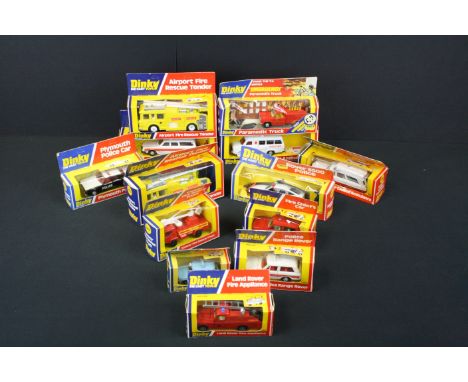 13 Boxed Dinky Toys vintage diecast model cars and other vehicles to include 244 Plymouth Police Car, 264 Rover 3500 Police, 