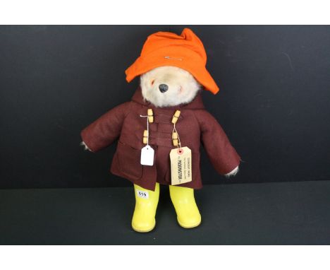 Original Gabrielle Designs Paddington Bear in yellow Dunlop boots, brown coat and orange hat, with tag, vg condition 