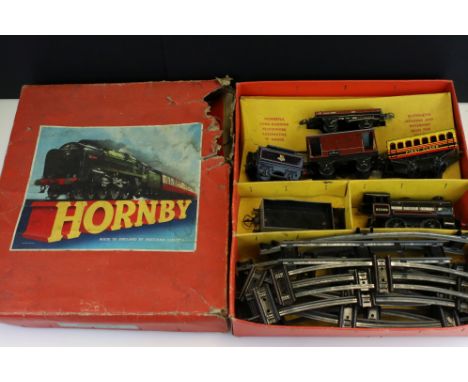 Boxed Hornby O gauge Goods Set No 55 containing 0-4-0 locomotive in BR black with tender, 3 x items of rolling stock and trac