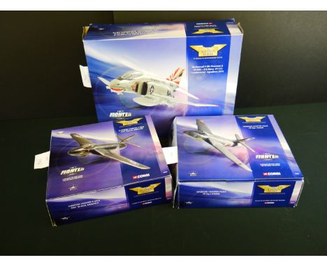 Three Boxed Corgi Aviation Archive Jet Fighter Power 1:72 scale diecast models to include 49801 Hawker Hunter FGA9, 49802 Haw