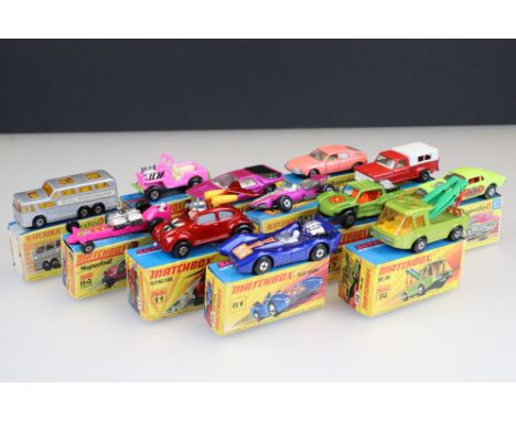 12 Boxed Matchbox Superfast diecast models to include 61 Blue Shark, 13 Baja Buggy, 11 Flying Bug, 64 Slingshot, 34 F1 Racing