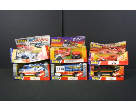 Six Boxed Dinky Toys vintage diecast model cars and other vehicles to include 206 Customised Stingray, 201 Plymouth Stock Car