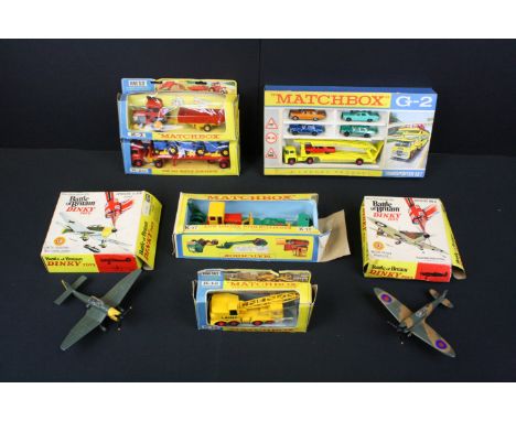 Seven boxed diecast models and model sets to include 5 x Matchbox featuring 4 x KingSize (K20 Tractor Transporter, K3 Massey 