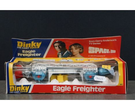 Boxed Dinky Space 1999 360 Eagle Freighter diecast model in blue, diecast ex, box fair with plastic window damage 