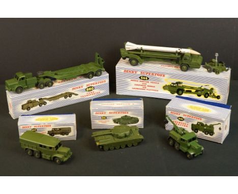 Five boxed Dinky Supertoys military diecast models to include 666 Missile Rector Vehicle (complete), 660 Tank Transporter, 65