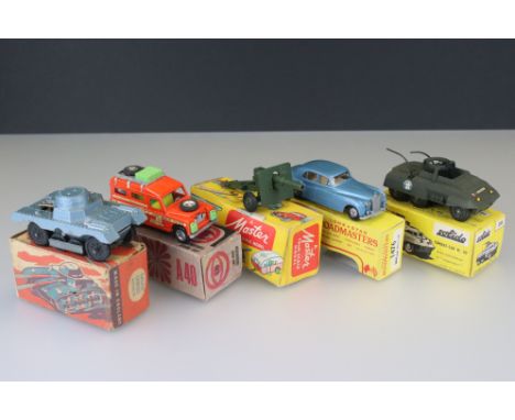 Five boxed diecast models to include Lone Star Roadmasters 1476 Rolls Royce, Solido 200 Combat Car M20, Mebetoys A40 Land Rov