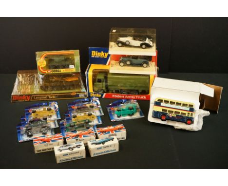 19 Boxed / carded diecast models to include Dinky 668 Foden Army Truck, Corgi 906 Saladin Armoured Car, Dinky 692 Leopard Tan