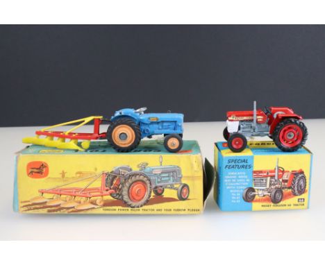 Two boxed Corgi Tractor diecast models and sets to include 66 Massey Ferguson 165 Tractor in red (diecast &amp; box vg) and G