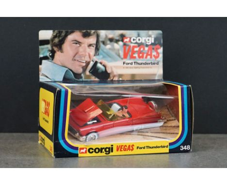 Boxed Corgi Vegas 348 Ford Thunderbird diecast model, with figure, diecast excellent, box showing a touch of storage wear but