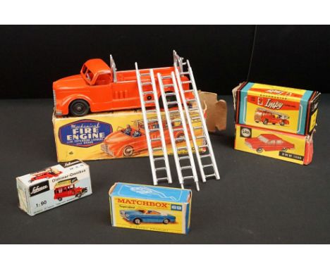 Five boxed diecast models to include Mettoy Fire Engine No 850, Schuco 1:90 MAN Oldtimer Omnibus, Lone Star Impy Roadmaster 3