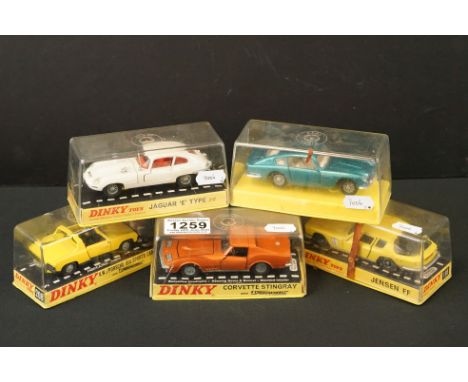 Five cased Dinky diecast models to include 221 Corvette Stingray with Speedwheels in sunburnt orange, 208 VW / Porsche 914 Sp