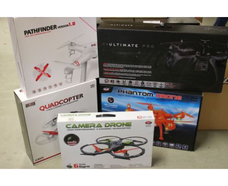 Five Boxed remote control drones including CX Model Quadcopter CX035, Hua Jun Aeromodelling Pathfinder Version 1.0, Xiang Yu 
