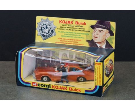 Boxed Corgi 290 Kojak Buick diecast model with figure, diecast excellent, box vg with minor window dent 