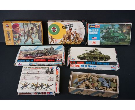 Five boxed plastic military model figure sets and model kits to include Hasegawa M-4 Sherman, 2 x ESCI (British mk IV Churchi