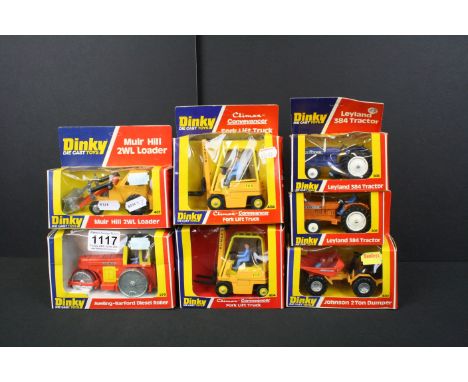 Seven Boxed Dinky Toys vintage diecast model tractors, fork lift trucks and other vehicles to include 430 Johnson 2 Ton Dumpe
