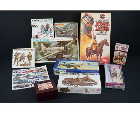 Nine boxed plastic model kits to include 2 x Tamiya 1/35 (British Universal Carrier MkII &amp; Military Miniatures), 2 x Airf