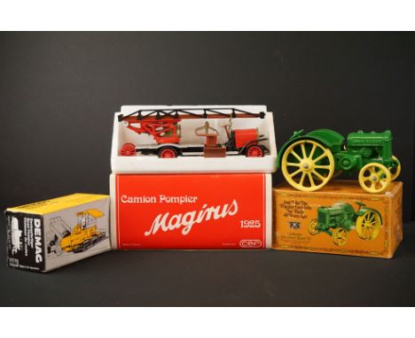 Three boxed diecast models to include NZG 231 Demag Road Finisher, CEF Camion Pompier 1925 and ERTL John Deere Model D Tracto