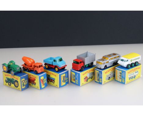 Six boxed Matchbox Series diecast models to include 61 Alvis Stalwart, 66 Greyhound Coach, 26 Cement Lorry, 50 Tractor, 26 GM