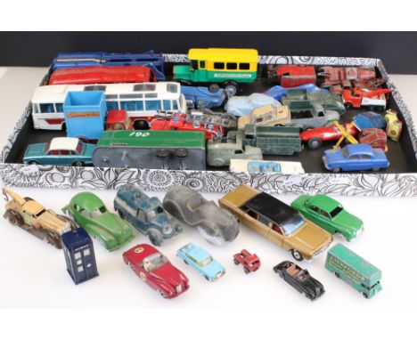 Around 40 play worn mid 20th C models to include Johillco Motorcycle &amp; sidecar, Manoil BP,  Betal, Matchbox, Dinky, Corgi