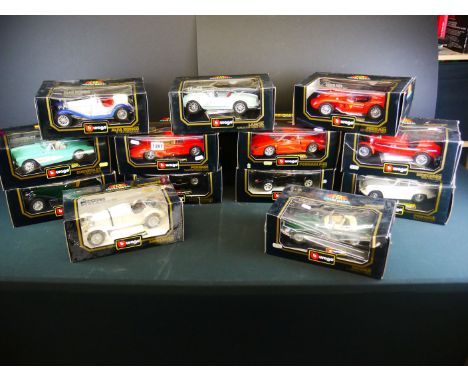 13 Boxed Burago diecast models to include 3019 Ferrari, 3021 Porsche, 3008 Alfa Romeo, 3002 Mercedes, 3032 Ferrari F40, 3026 