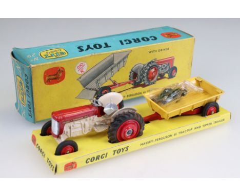 Boxed Corgi Gift Set 29 Massey Ferguson 65 Tractor and Tipper Trailer diecast model with farmer figure, diecast vg, inner dis