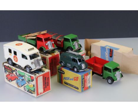 Five boxed Triang Minic tin plate models to include 3 x Push and Go (Post Office Telephone Van, British Road Service Truck &a