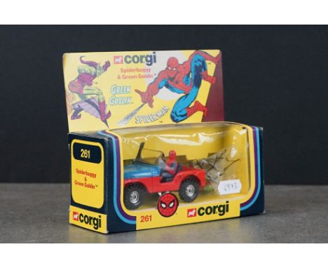 Boxed Corgi 261 Spiderbuggy &amp; Green Goblin Spiderman diecast model complete with Spiderman &amp; Green Goblin figures, bo