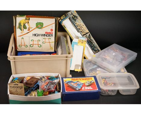 Large quantity of play worn diecast models to include Matchbox, Corgi etc plus empty boxes and carry cases (2 boxes) 